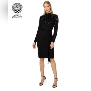 NWT Vince Camuto Knit, Belted, Sequin Embelished Neckline Dress Knit Black